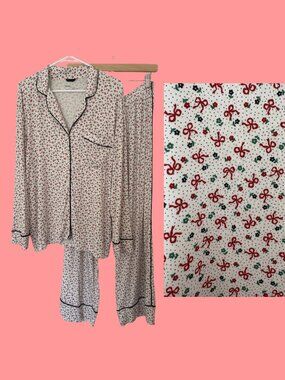 Aerie "Real Soft" Long-Sleeved Button-Down Top and Pant Pajama Set, Pattern, L